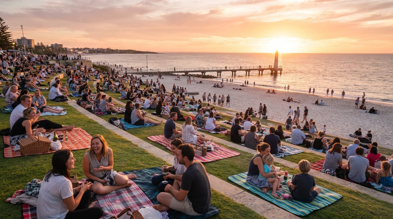 Cottesloe Beach at sunset, terraced lawns crowded with picnic rugs and people facing the Indian Ocean, the white sand and offshore pylon glowing in late-afternoon light