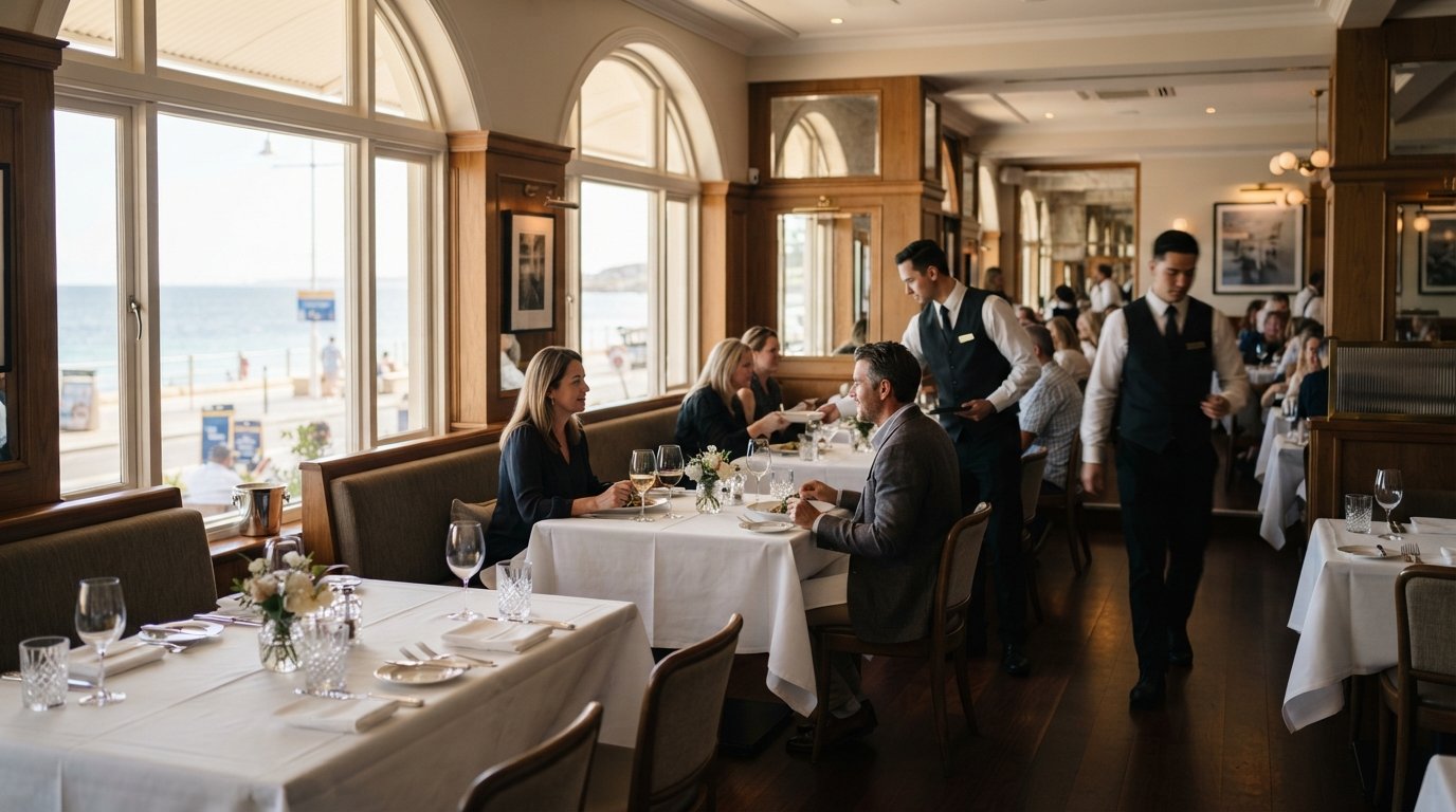 Gibney on Marine Parade, white tablecloths and waistcoated staff inside a refined brasserie dining room with ocean light filtering through the windows