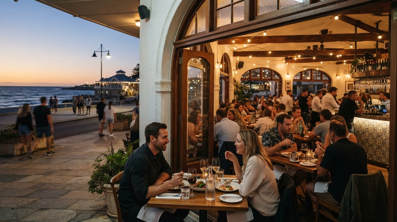 Il Lido Italian Canteen opposite Cottesloe Beach, a 1930s hall with diners under warm evening light and the ocean visible across Marine Parade
