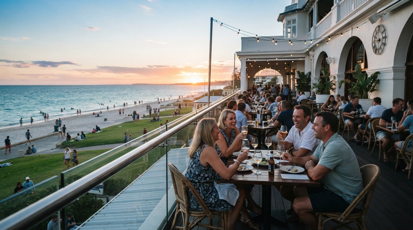 the Verandah Bar at Cottesloe Beach Hotel, balcony tables facing the Indian Ocean at sunset with the beach and terraced lawns below