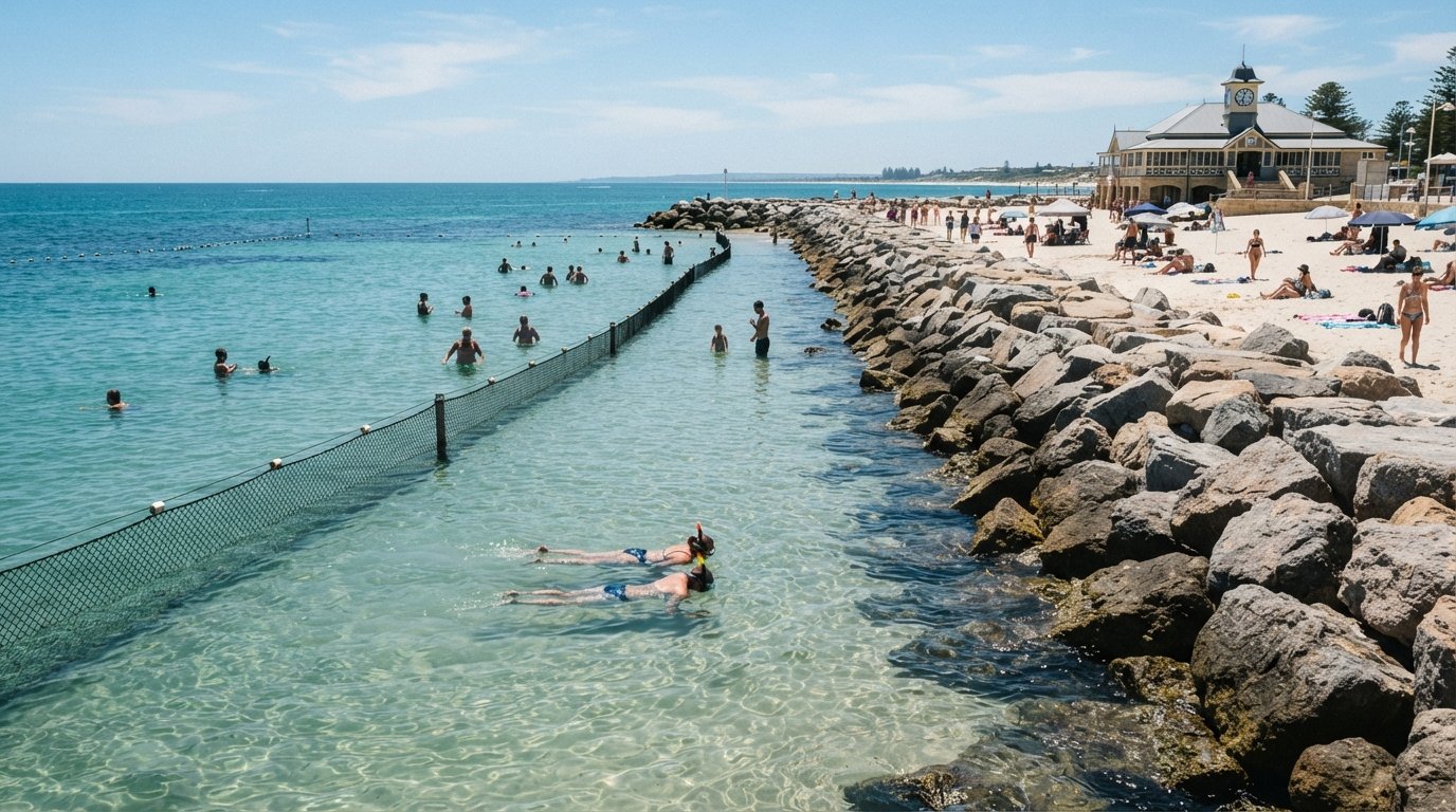 Cottesloe Beach in daylight, the granite groyne and calm sheltered water inside the seasonal shark barrier, with swimmers and snorkellers in the shallows