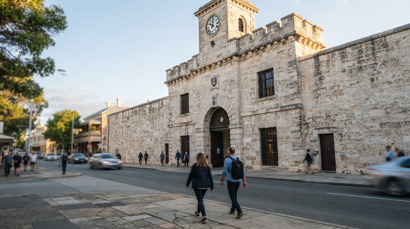 Fremantle Prison on The Terrace at late-afternoon light, pale limestone walls and austere convict-era facades rising above the street