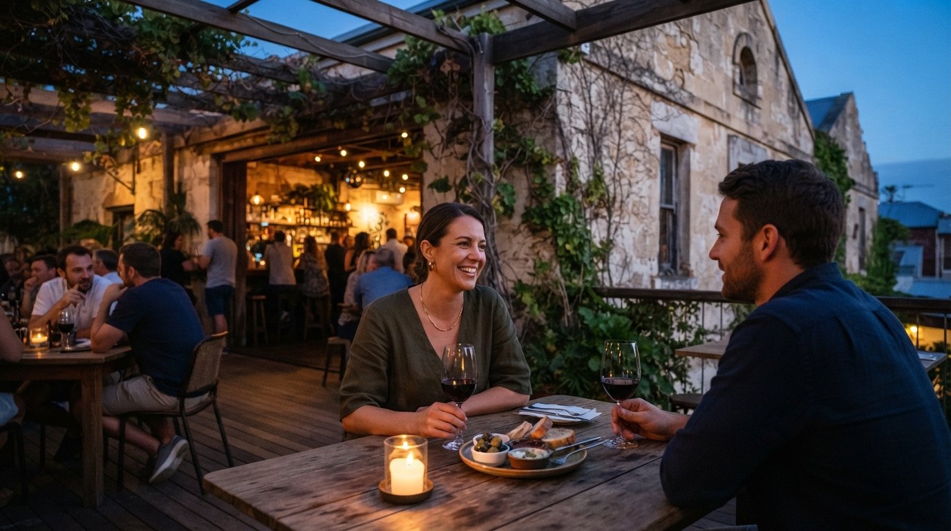 the verandah bar at Nieuw Ruin on Norfolk Street, wine glasses and small plates set against a rambling heritage ruin at dusk