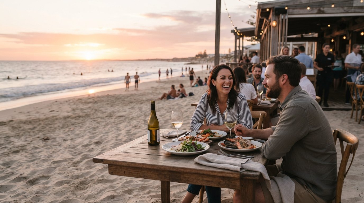 a table at Bathers Beach House on the sand at Bathers Beach, the waterline and low evening light visible beyond glasses and plates