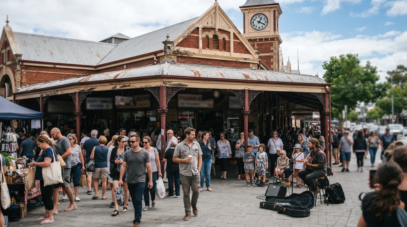 the tin-roofed Fremantle Markets hall on South Terrace and Henderson Street, busy Saturday crowds and buskers under heritage awnings