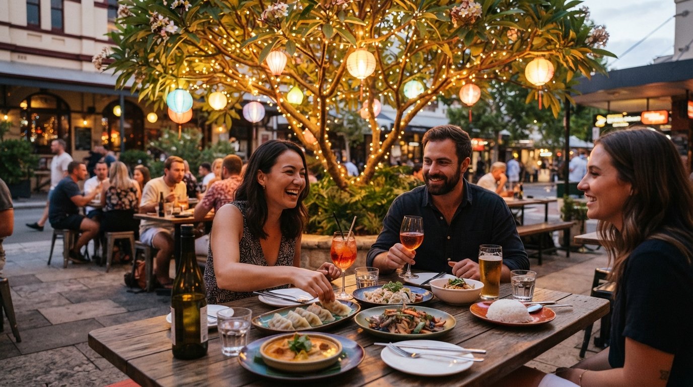 a shared-plate dinner at Kitsch Bar Asia under the lantern-lit frangipani tree on Oxford Street, warm evening tones and drinks on the table
