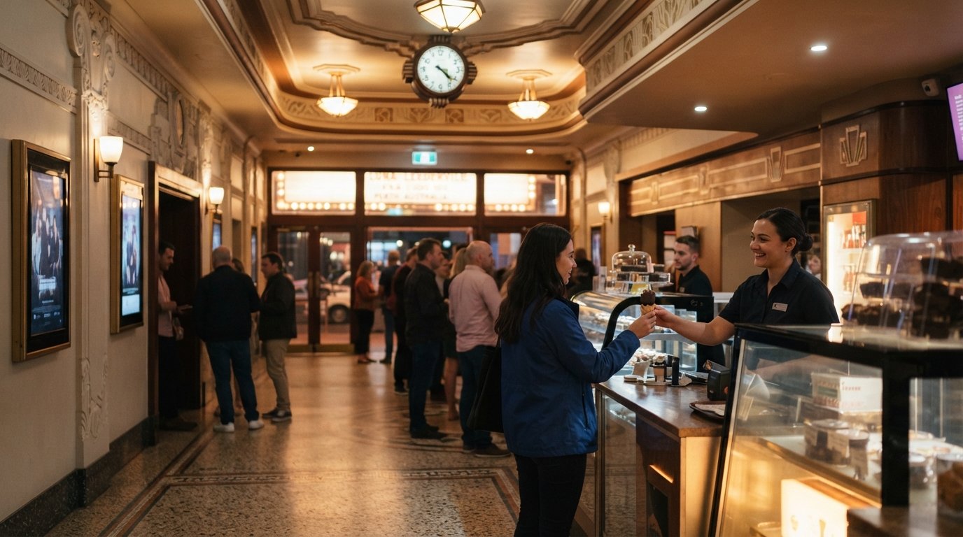 the interior foyer of Luna Leederville with Art Deco details, a choc-top counter and warm evening light from the marquee
