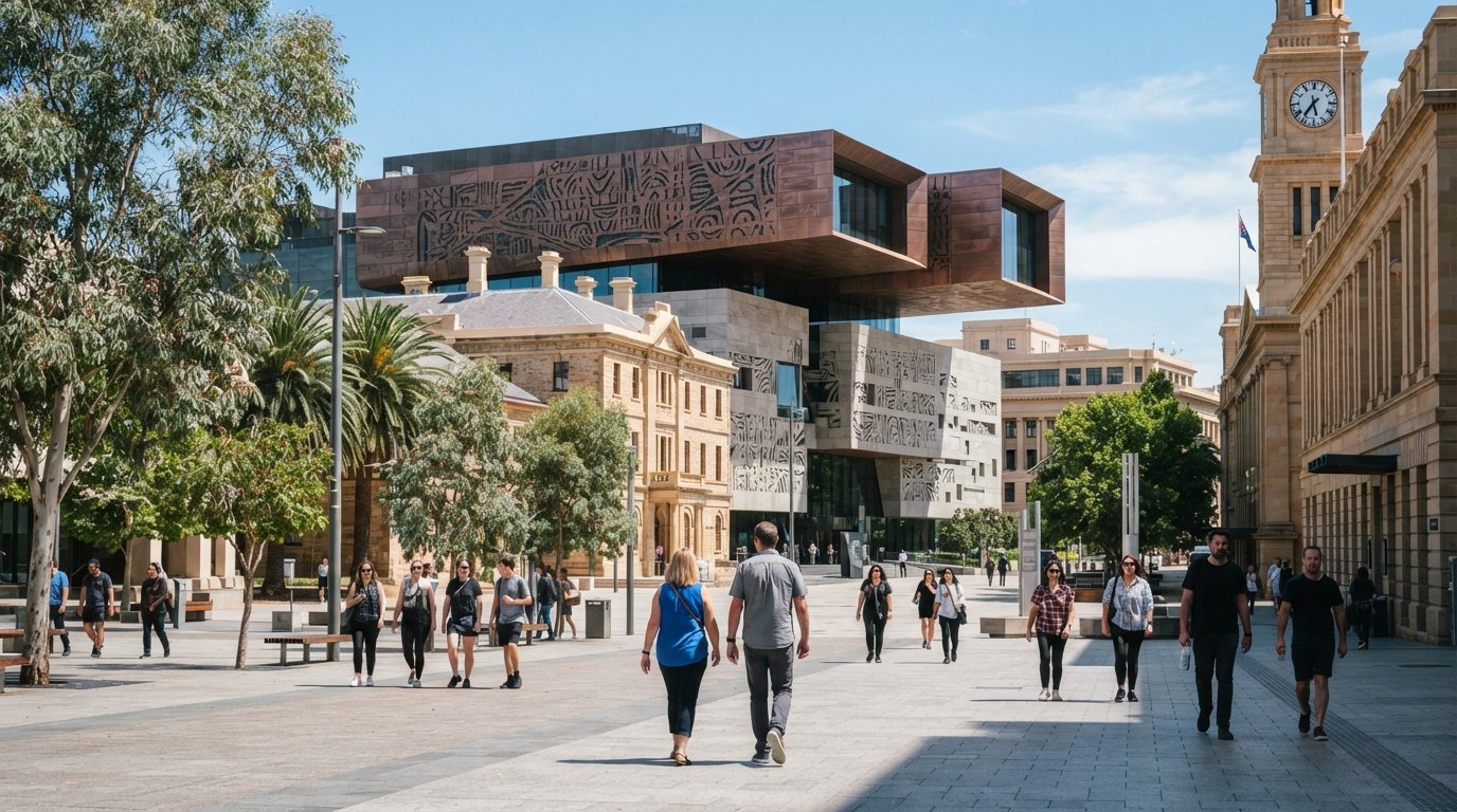 the Perth Cultural Centre at the edge of Northbridge, with the WA Museum Boola Bardip and surrounding civic buildings in bright daytime light