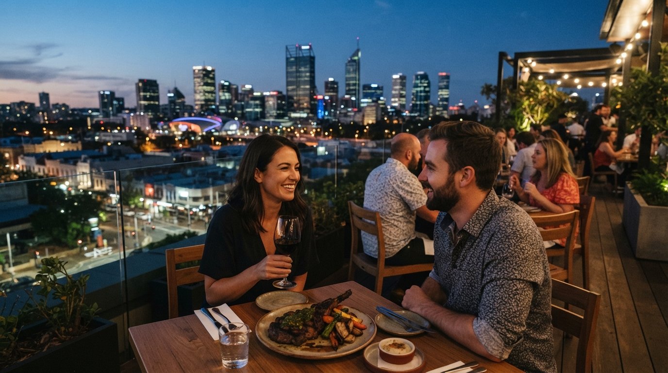 a rooftop dining scene at Fallow on William Street, with fire-cooked steak and the Northbridge evening skyline beyond