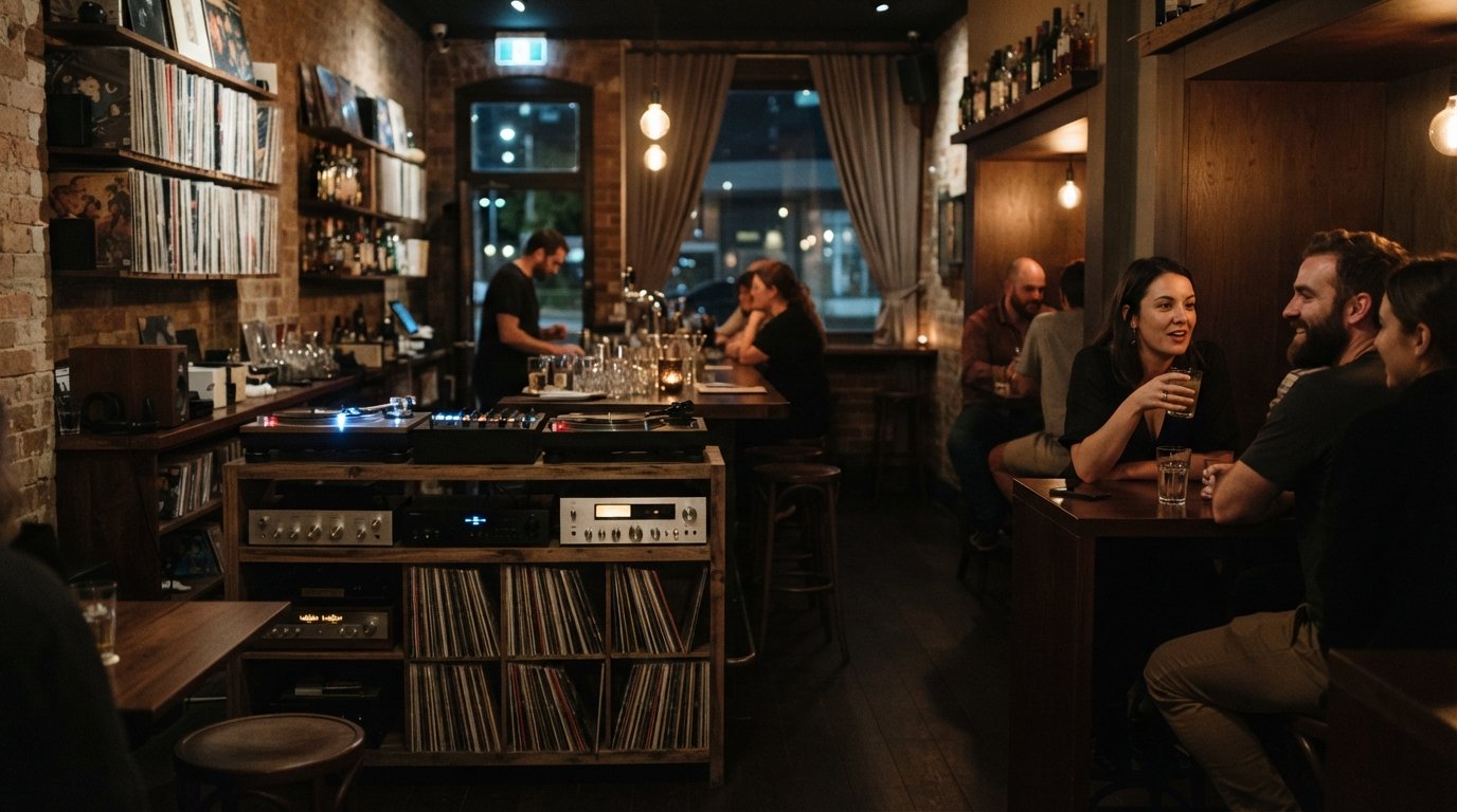 the low-lit interior of Astral Weeks on Roe Street, with vinyl records, a hi-fi system and intimate listening-bar seating