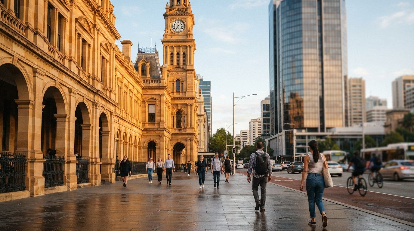 the honey-coloured State Buildings on St Georges Terrace at late afternoon, heritage stone glowing beside modern office towers