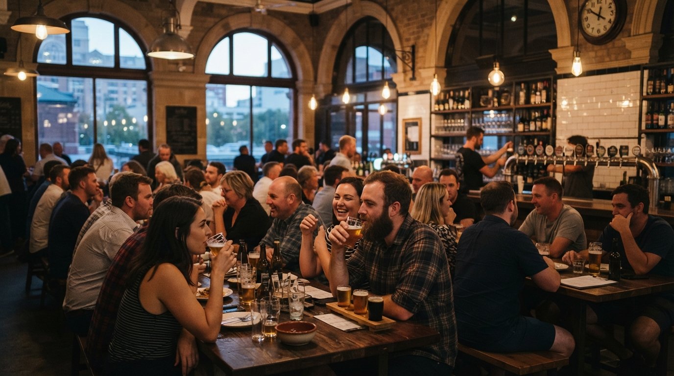 diners under the warm interior glow of Petition Beer Corner in the State Buildings, with rows of taps and shared tables crowded at dusk