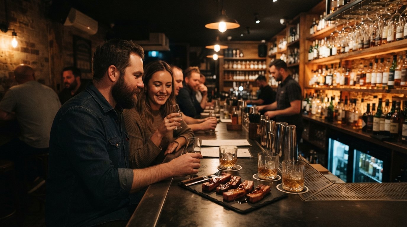 the basement bar at Varnish on King on King Street, dim whisky bottles, bacon flight plates and low amber light across the counter