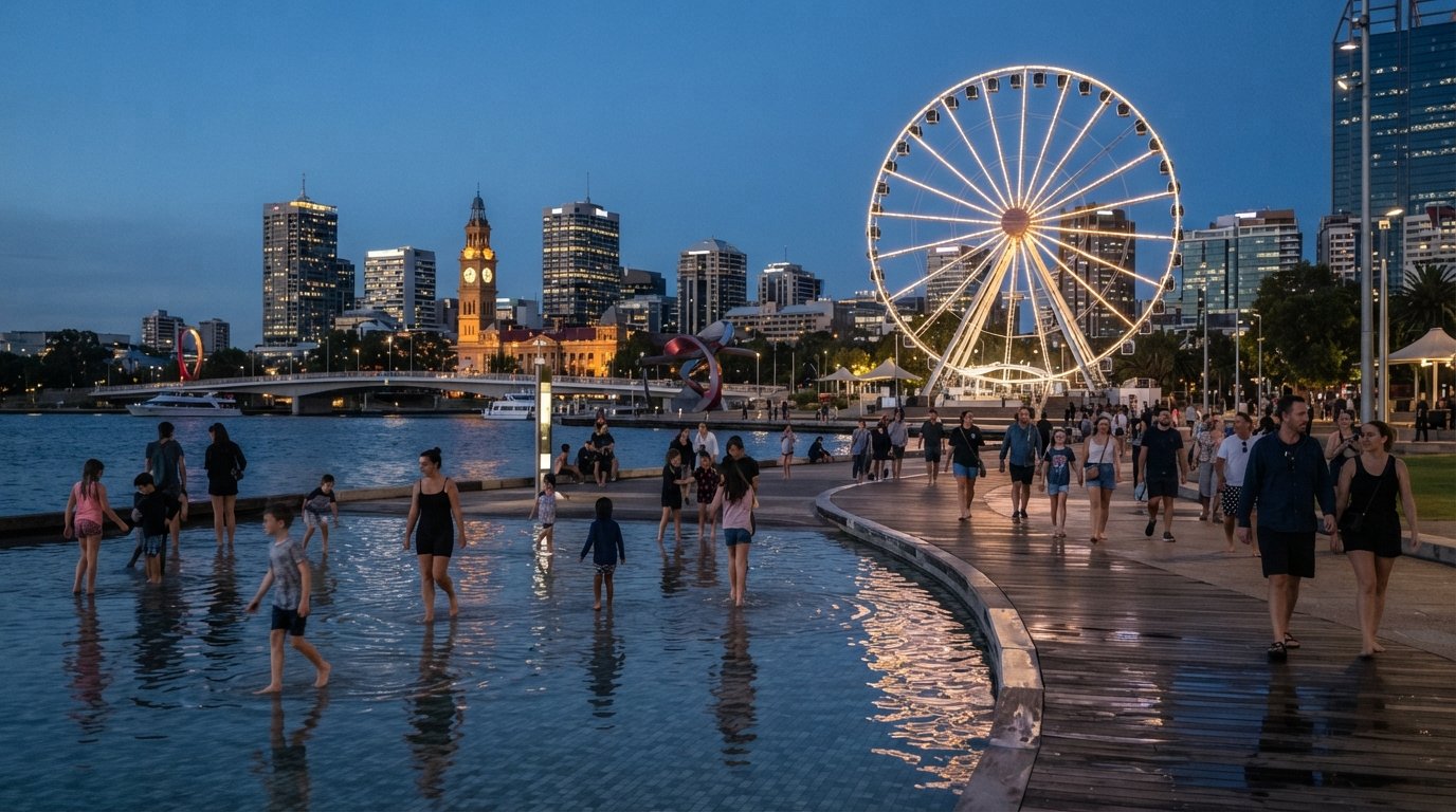 Elizabeth Quay at blue hour, the Ferris wheel lit above the Swan River boardwalk and the free BHP Water Park in the foreground