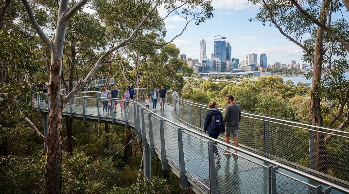 the Lotterywest Federation Walkway in Kings Park, glass-and-steel bridge suspended among eucalypt canopy with the city skyline beyond