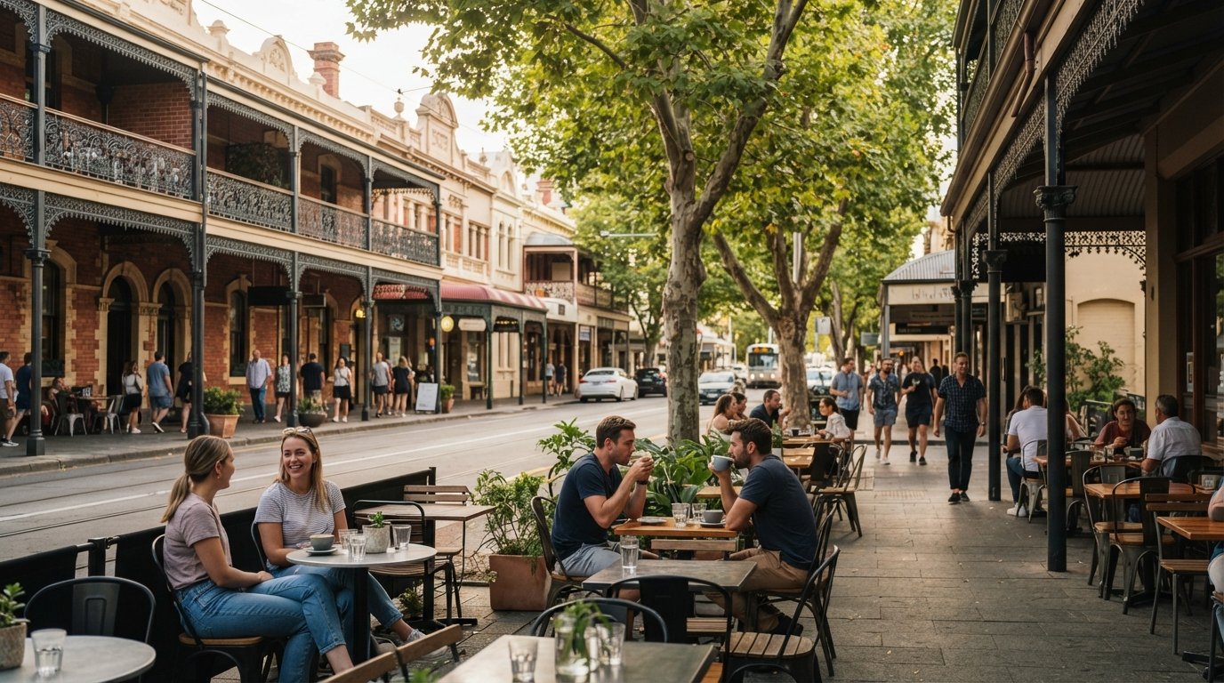 Rokeby Road a Subiaco sotto maturi platani, verande in ferro battuto e tavolini da caffè che si riversano sul marciapiede nella luce soffice del pomeriggio