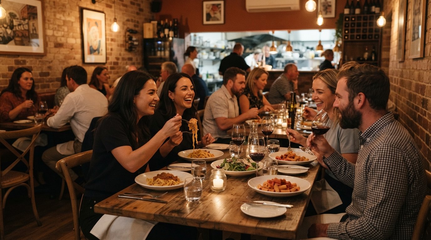 la sala da pranzo di Lulu La Delizia fuori Rokeby Road, tavoli intimi apparecchiati per un banchetto di pasta condiviso con un caldo bagliore serale