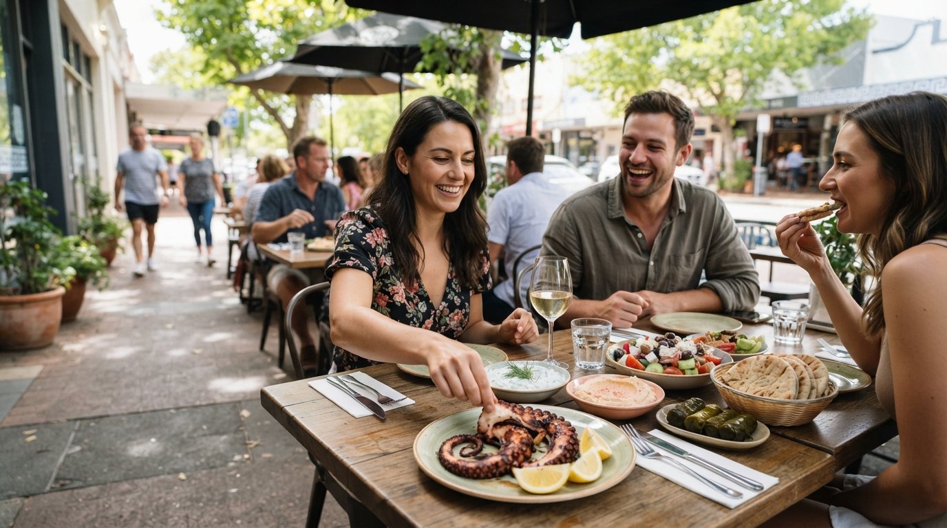 un piatto di polpo alla griglia e meze condivisi a Lady of Ro, tavoli di taverna BYO greca lungo Rokeby Road alla luce del giorno