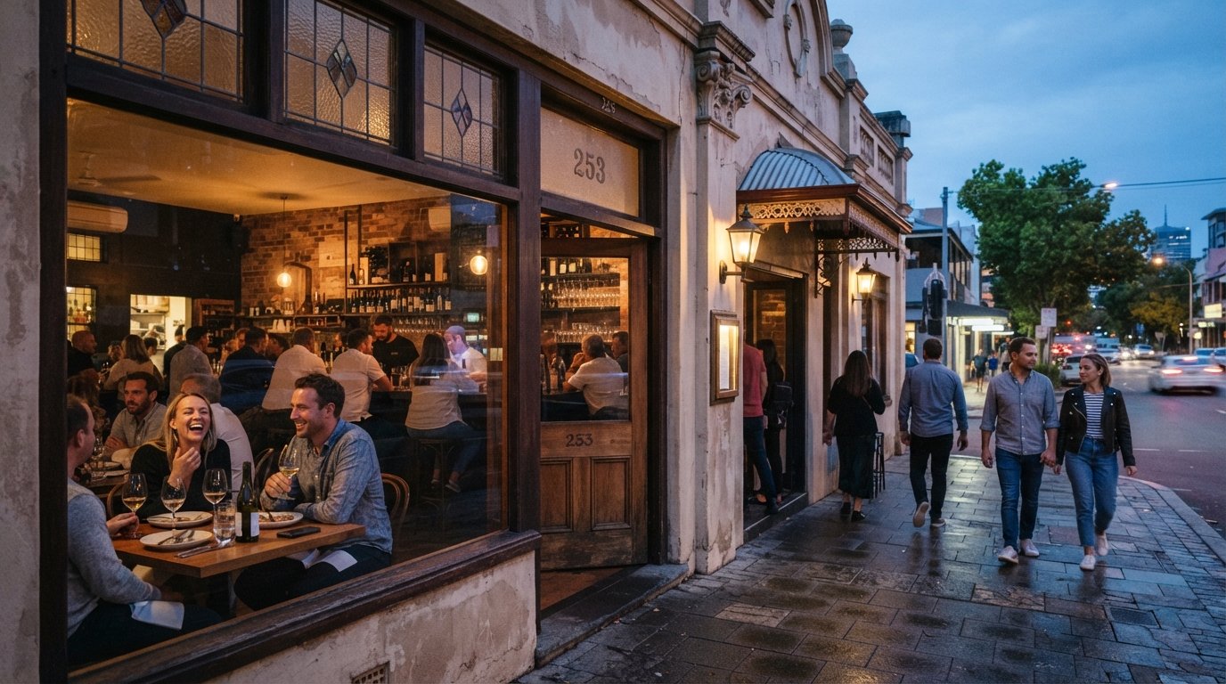 Lums su Hay Street a Subiaco, una vetrina degli anni '20 trasformata in wine bar con calda luce interna e tavoli di bicchieri da vino al crepuscolo