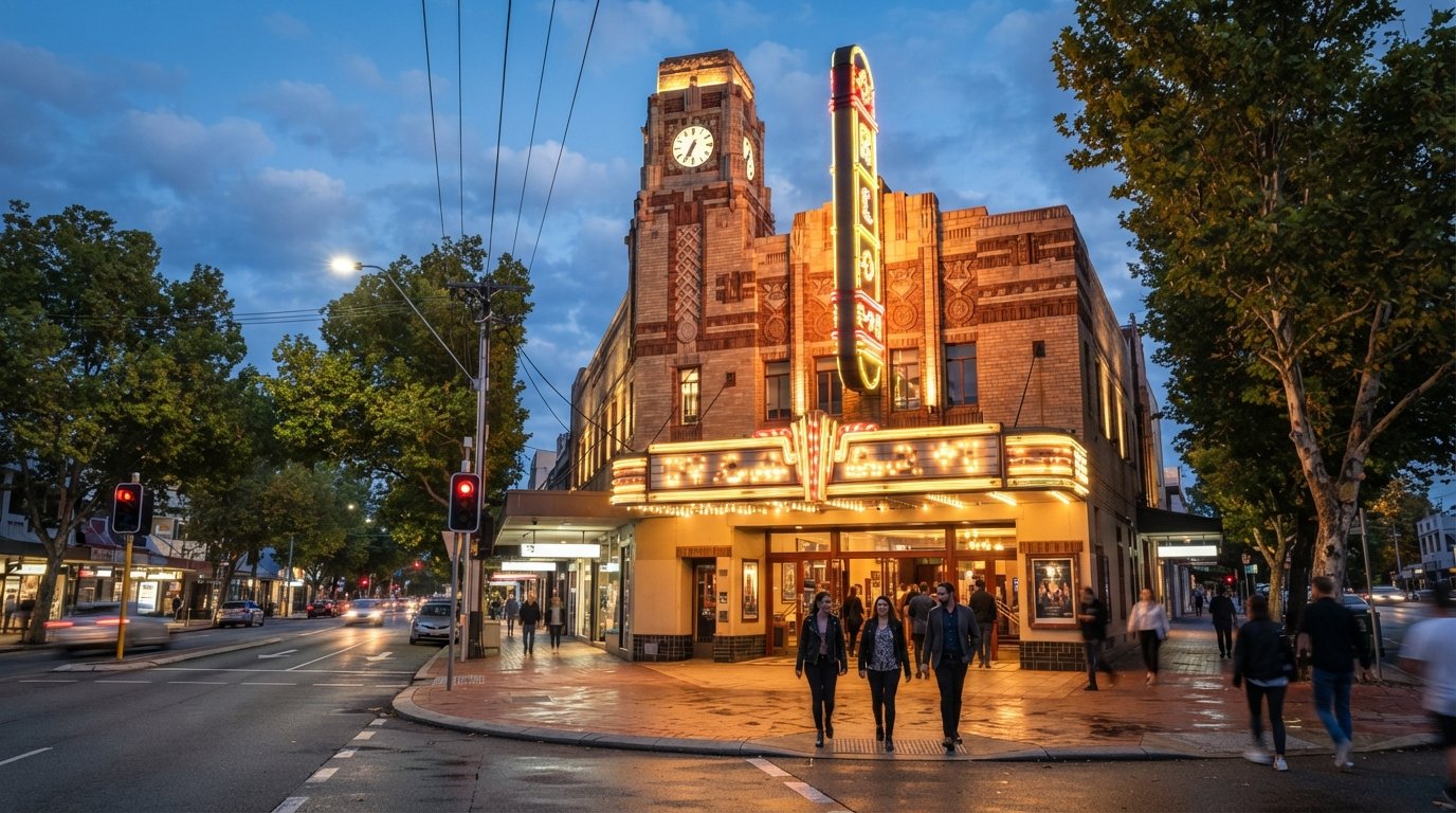 il Regal Theatre all'angolo tra Hay Street e Rokeby Road al crepuscolo, la sua facciata art déco del 1938 che brilla contro gli alberi della strada